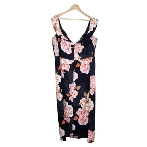 City Chic Size XL 22 Black Pink Rose Floral Off Shoulder Midi Cocktail Dress - Picture 2 of 2